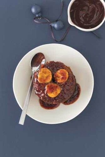 Hot Banana, Rum & Raisin Caramel Pudding with Chocolate Sauce
